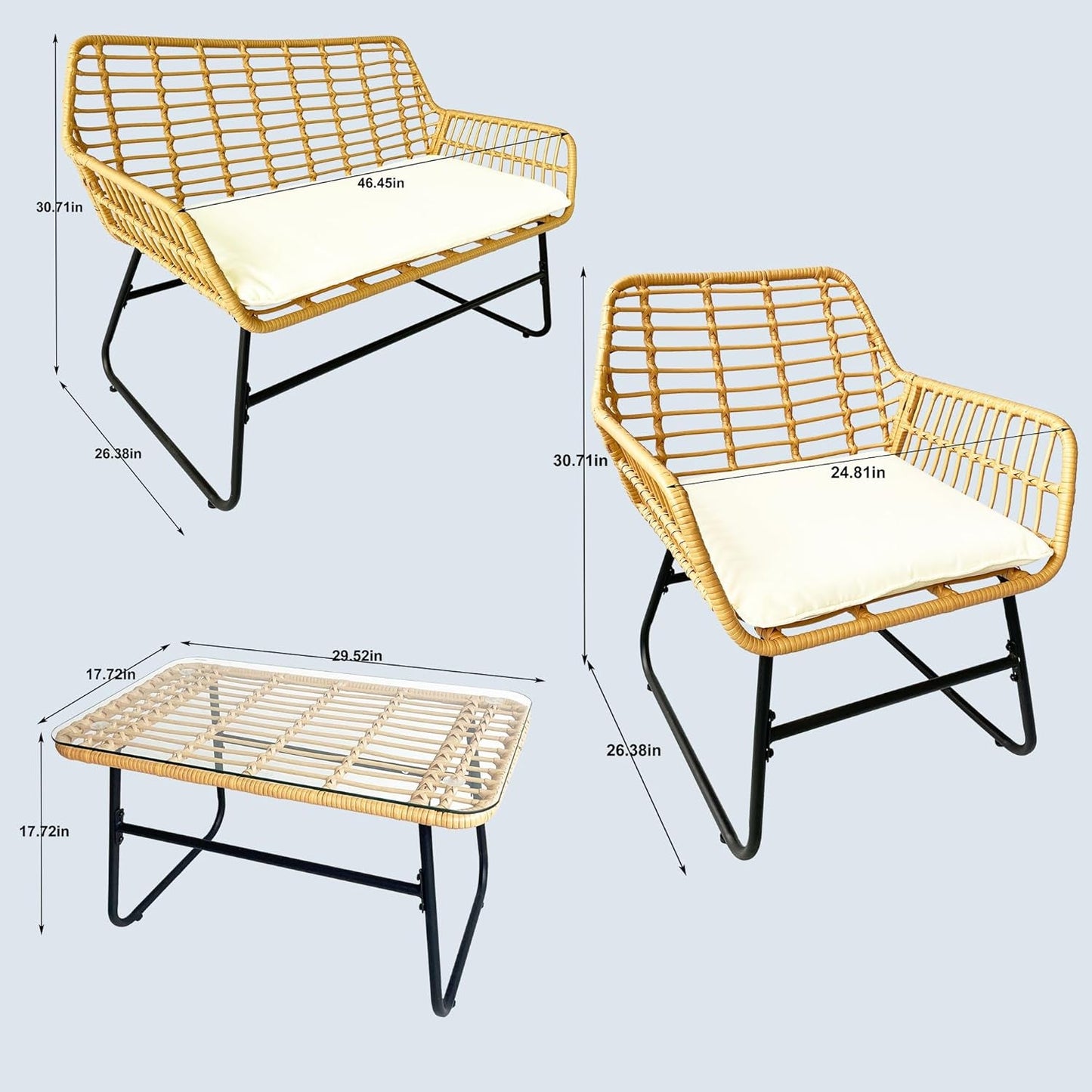 4 Piece Rattan Patio Furniture Set,Indoor/Outdoor Wicker Conversation Set with Loveseat,Chairs and Table for Garden,Porch,Yard and Poolside with White Soft Cushions-3