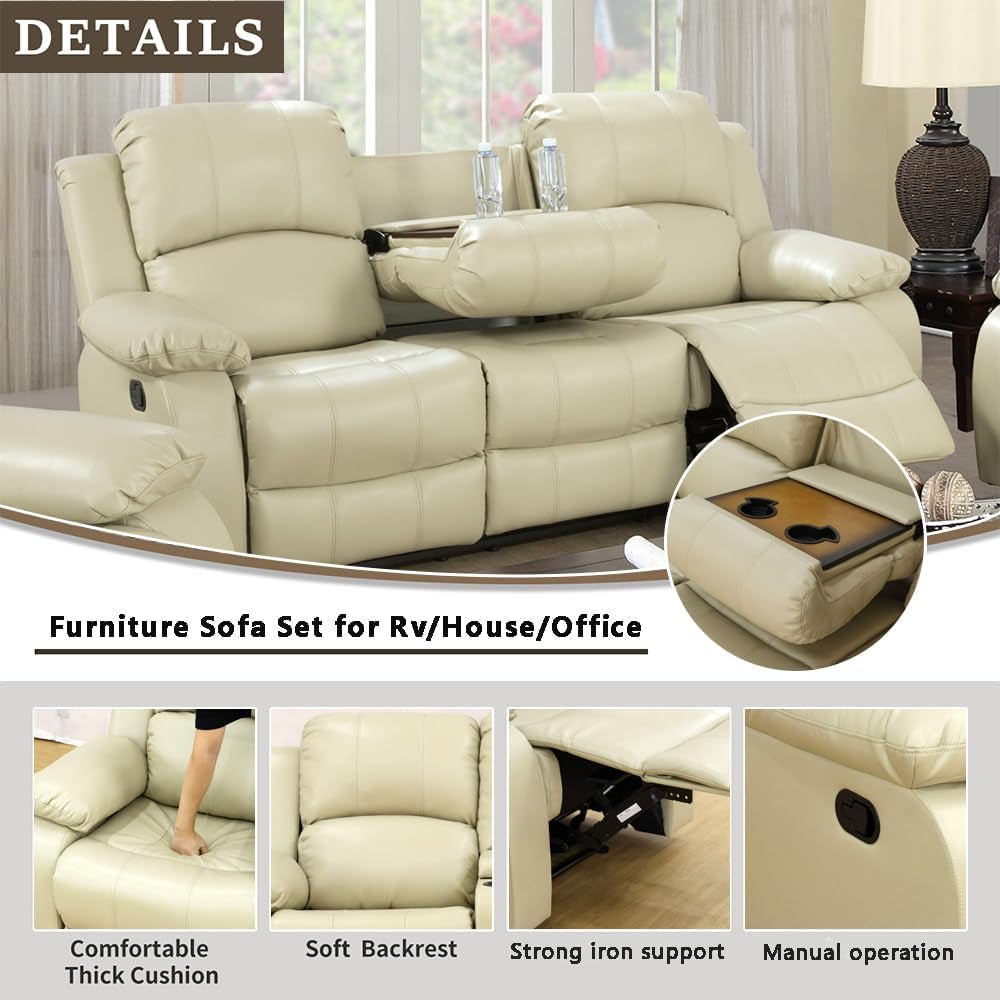 Living Room Furniture Set Leather Recliner Sofa Set Loveseat Chair Furniture Sofa Set for Living Room/Small Space/Rv/House/Office/Theater Seating (A-Beige Leather,Sofa(3Seater))-2