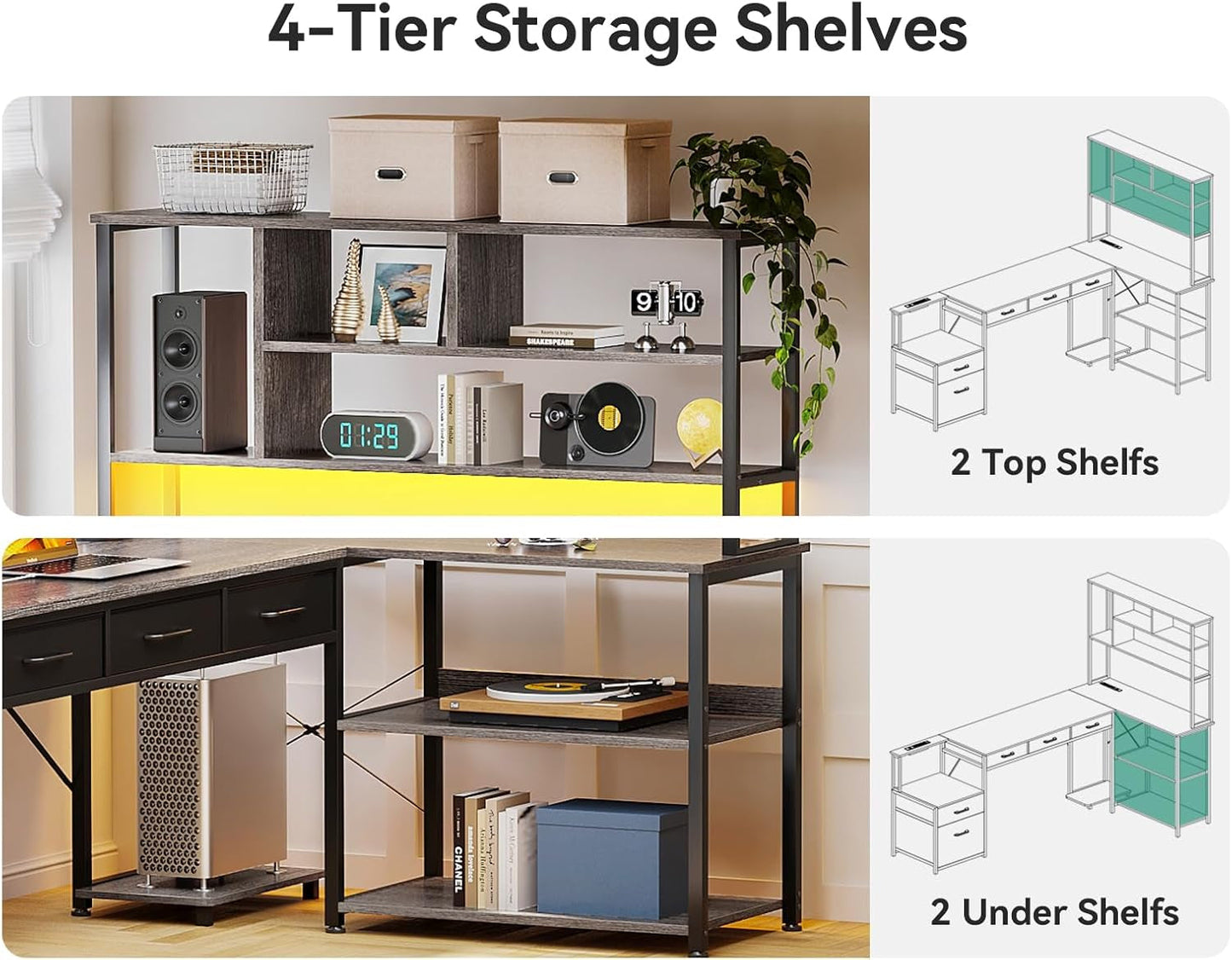 79 Inch L Shaped Desk with File Drawers, Reversible L Shaped Gaming Desk with Power Outlets & LED Lights, Computer Desk with Storage Shelves for Home Office, Grey Oak
