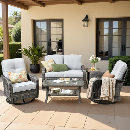 icker Patio Furniture Set with Swivel Rocker Chairs Outdoor Loveseat Sofa and Rattan Coffee Table, 5 Pieces Outdoor Conversation Sets for Patio Porch Deck Backyard Poolside, Light Gray-0