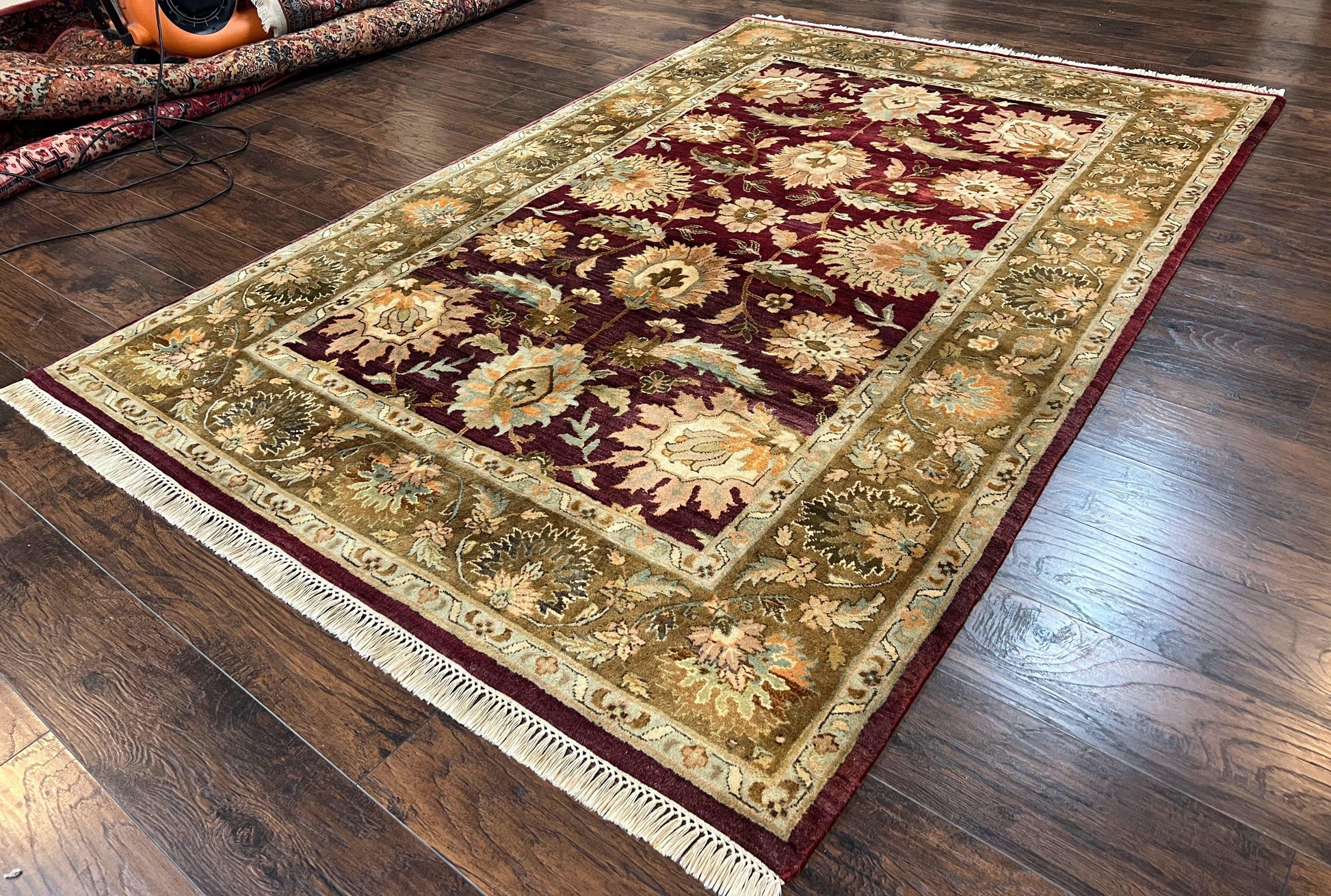 Indo Mahal Rug 6x9, Large Flowers Allover, Maroon and Green, Handmade Wool Area Rug, Vintage Rug, Indian Oriental Carpet, Hand Knotted Rug-1