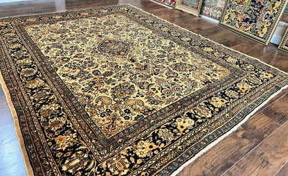 Antique Persian Rug 9x11, Wool Handmade 1920s Oriental Carpet, Persian Hamadan Anjelas Rug, Cream Black, Floral Allover Oriental Rug 9 x 11 Room Sized Rug-0