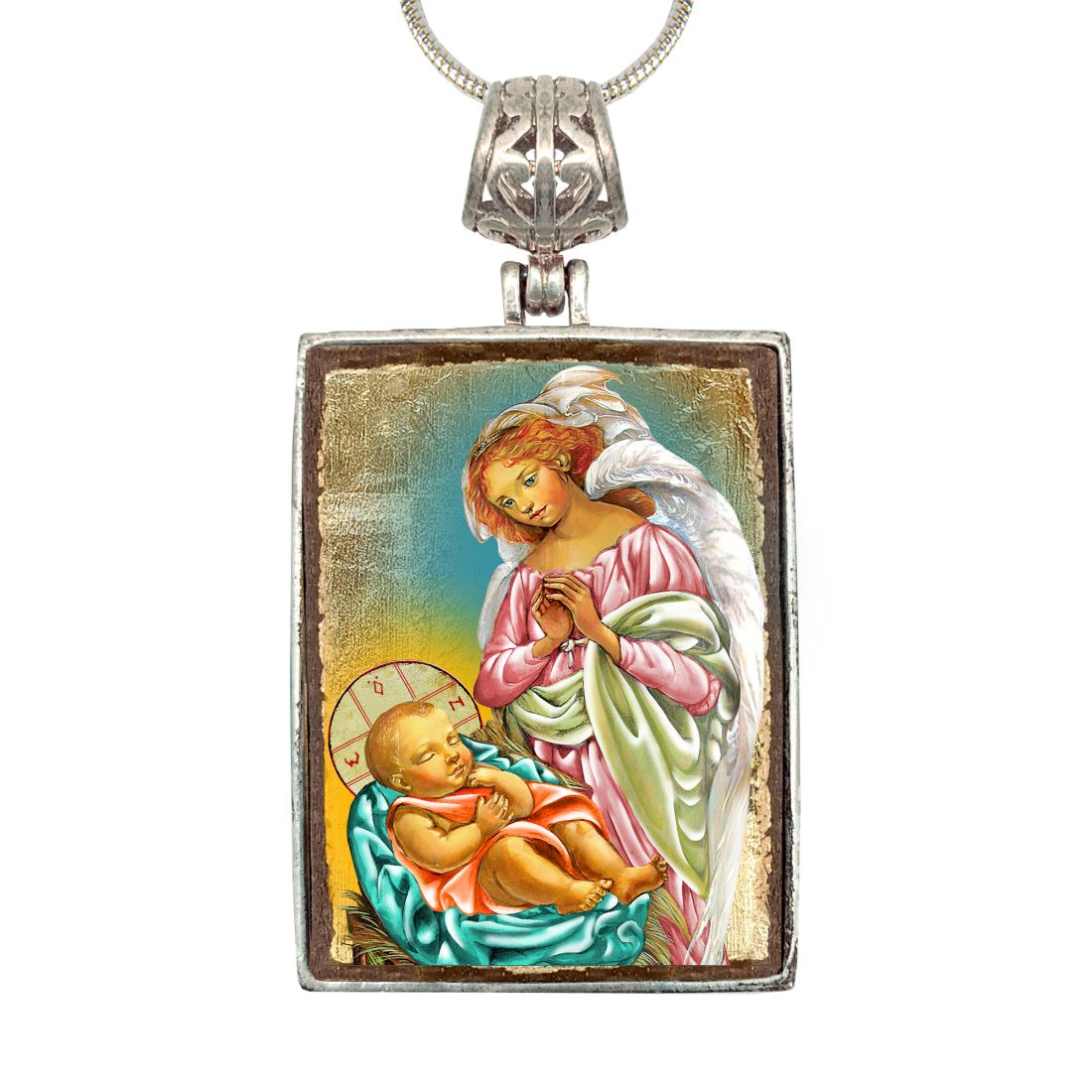 Blessing Angels Religious Jewelry Silver Plated Necklace, Gold-Plated Wooden Cabochon - Christian Sacred Icon - Inspirational Icon Decor - 43028R
