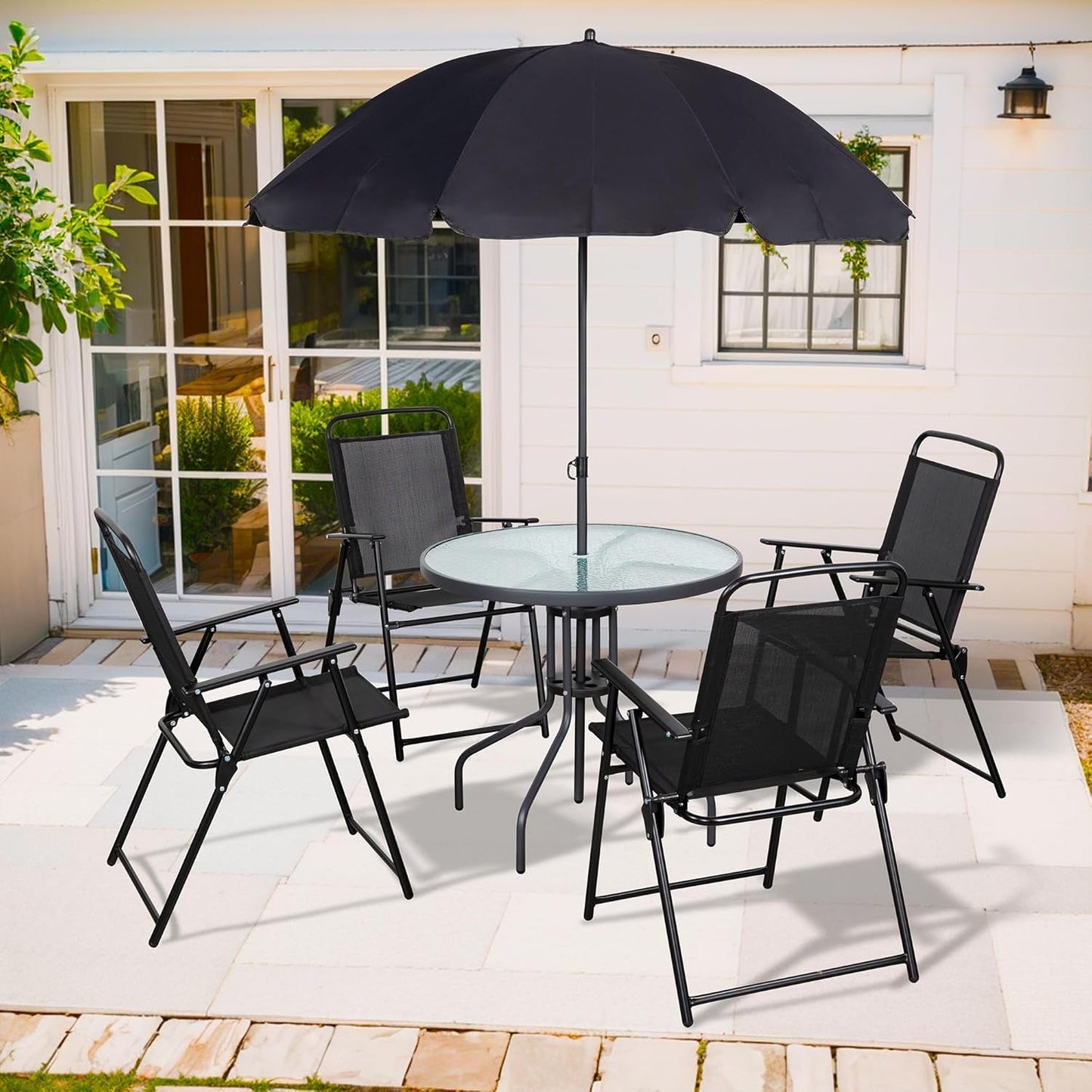 6 Piece Patio Dining Set with Umbrella, Outdoor Furniture Set with 4 Folding Chairs and Tempered Glass Top Dining Table Fot Lawn Backyard Garden Porch Black-1