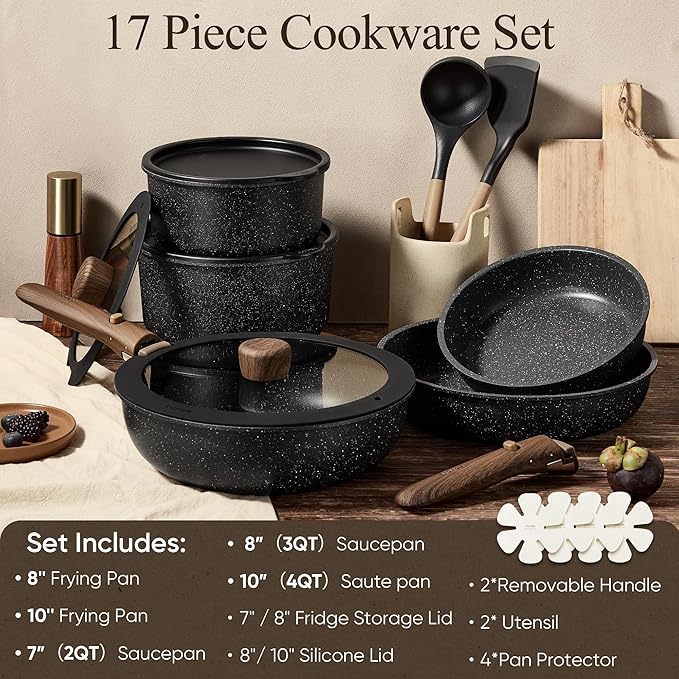 CAROTE 17pcs Pots and Pans Non Stick, Cookware Sets Detachable Handle, Induction Kitchen Pots and Pans,NonStick Cooking Set, Oven/Dishwasher/Fridge Safe, Space Saving