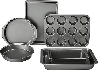 Basics 6 Piece Nonstick, Carbon Steel Oven Safe Bakeware Set with Cake, Muffin, Cookie, and Loaf Pans, 6 Piece, 16.25 x 11.75 x 6.25 inches