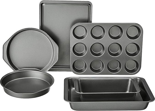 Basics 6 Piece Nonstick, Carbon Steel Oven Safe Bakeware Set with Cake, Muffin, Cookie, and Loaf Pans, 6 Piece, 16.25 x 11.75 x 6.25 inches