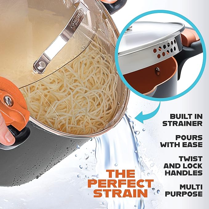 GOTHAM STEEL 5 Qt Ceramic Stock Pot Multipurpose Pasta Pot with Strainer Lid & Twist and           Lock Handles, Nonstick Ceramic for Soup, Spaghetti, Rice, Pots for Kitchen, Dishwasher Safe - Copper