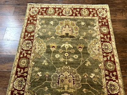 Indo Oushak Rug 4x6, Green and Maroon, Vintage Wool Floral Rug, Indian Agra Rug