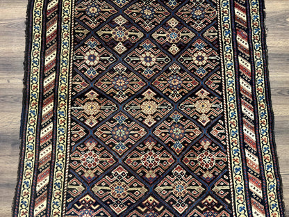 Antique Persian Wide Runner Rug 4x9, Kurdish Rug, Panel Design, Rainbow Border, Rare Tribal Rug