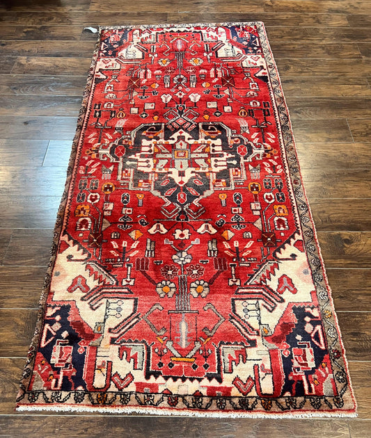 Antique Persian Tribal Rug 4 x 8, Geometric Medallion, Boho Rug, Wool Handmade Rug, Red 4x8 Rug, Persian Hamadan Rug