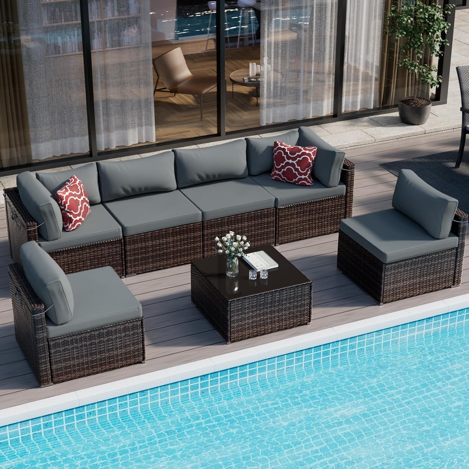 Brown PE Rattan 7-Piece Patio Furniture Sofa Set-1