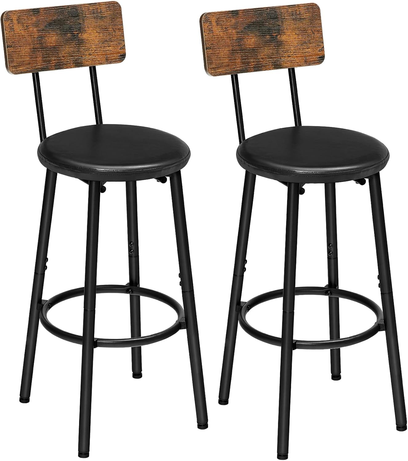 Bar Stools, Bar Stools Set of 2 with PU Upholstered, Bar Chairs with Footrest and Back, 26" Bar Stools for Kitchen Island, Dining Room, Easy to Assemble, Rustic Brown and Black BF31BY01G1-0