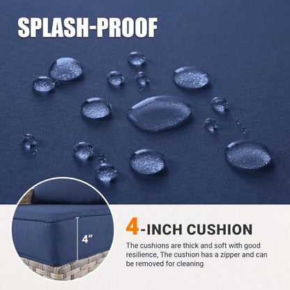 Patio Rocking Swivel Chair Outdoor Wicker Rattan Bistro Set with Tempered Glass Side Table, Outdoor Patio Furniture Set for Garden, Deck, and Balcony, Blue