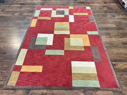 Indo Tibetan Modern Rug 5x8, Abstract Rug 5 x 8 ft, Red Multicolor Wool Handmade Contemporary Area Rug-0