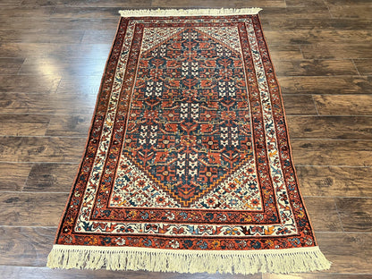 Persian Malayer Rug 4x7, Tribal Rug, Geometric, Antique Oriental Carpet, Red Blue Cream, Boho Rug, Hand Knotted Wool Rug