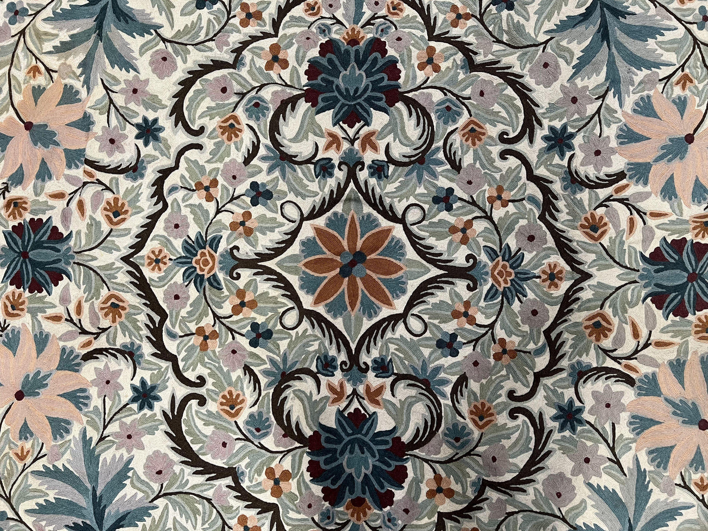 Chain Stitched Rug 9x12 Vintage Carpet 9 x 12 Flatweave Rug, Ivory Teal Rug, Area Rug 9 by 12, Hand Stitched Rug, Medallion, Indian Rug