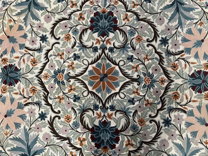 Chain Stitched Rug 9x12 Vintage Carpet 9 x 12 Flatweave Rug, Ivory Teal Rug, Area Rug 9 by 12, Hand Stitched Rug, Medallion, Indian Rug