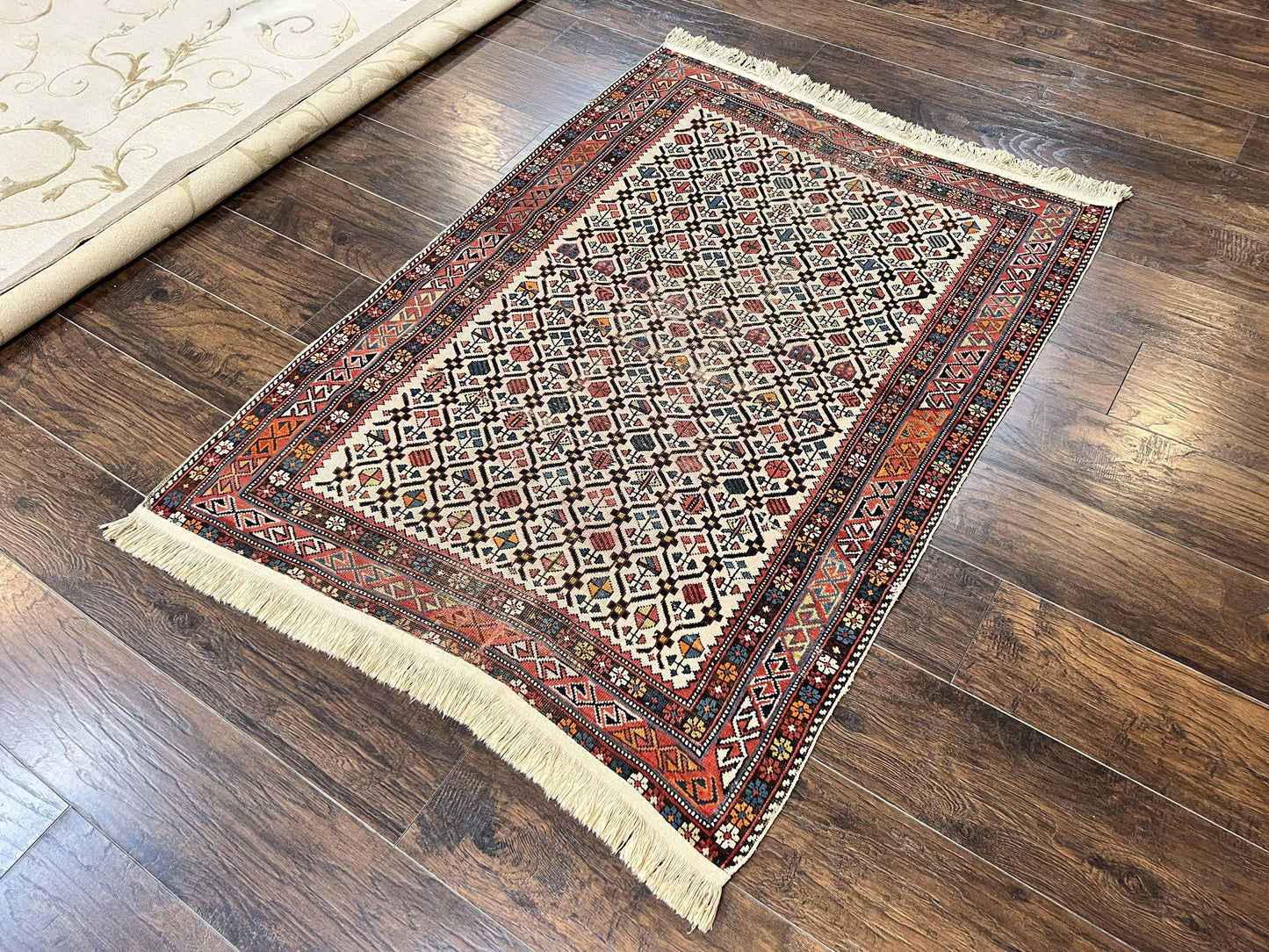 Antique Caucasian Rug 4x5, Hand Knotted Handmade Shirvan Oriental Carpet, Ivory Red Rug Allover Pattern, Rare Wool Rug, Tribal Geometric Rug