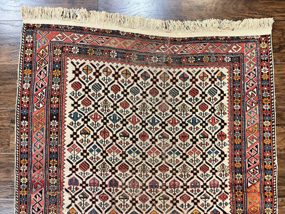 Antique Caucasian Rug 4x5, Hand Knotted Handmade Shirvan Oriental Carpet, Ivory Red Rug Allover Pattern, Rare Wool Rug, Tribal Geometric Rug