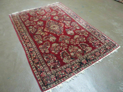 Red Persian Sarouk Rug 3x5, Antique Persian Carpet 1920s, Hand Knotted, Floral, Wool, Oriental Rug, Handmade Rug-1