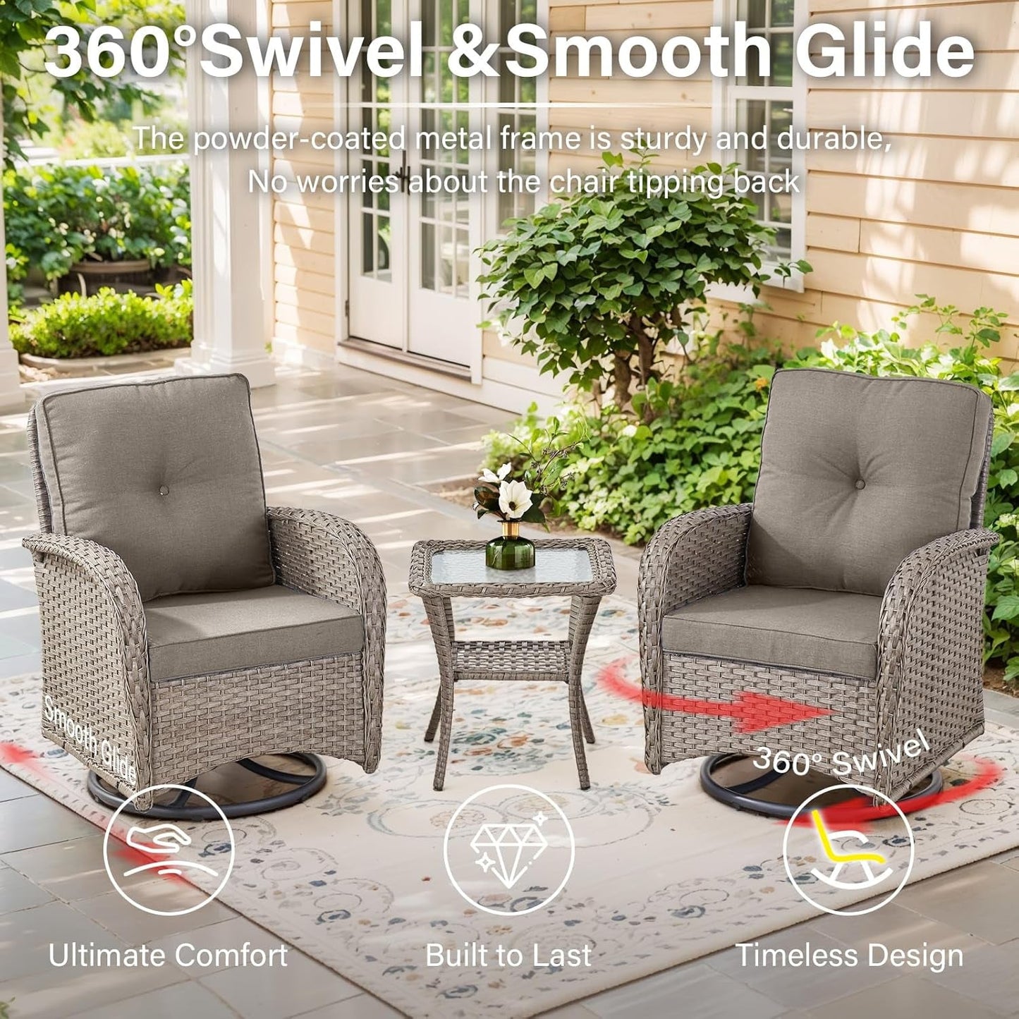 5 Piece Outdoor Patio Furniture Set with Deep Seating Swivel Rocker Chairs Loveseat and Rattan Coffee Table Outdoor Conversation Sets for Deck Backyard Poolside,Gray Wicker Gray Cushion-2