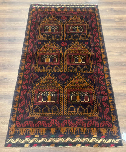 Afghan Rug 3x7, Navy Blue, Tribal Rug, Balouch Carpet, New-0