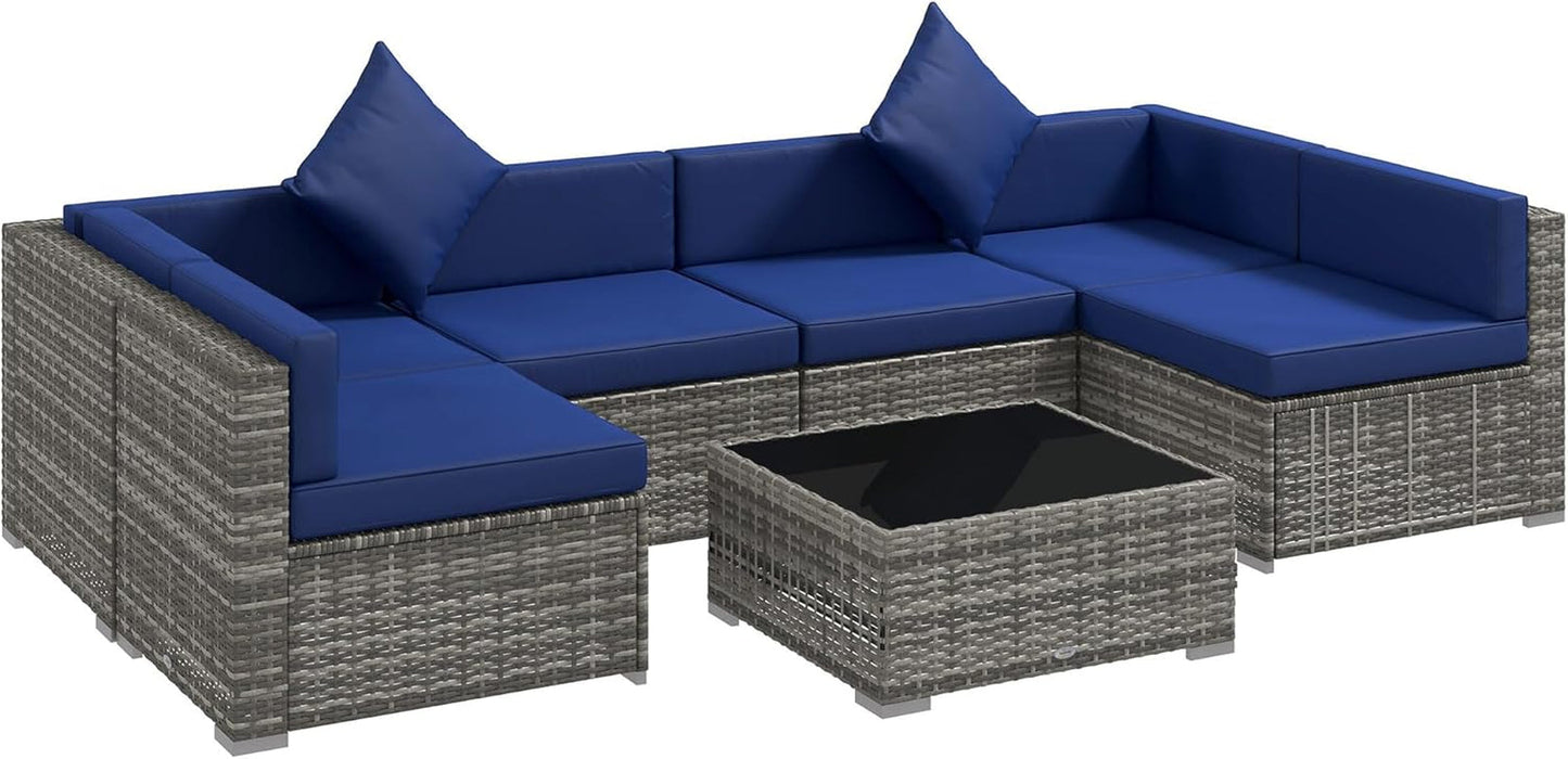 7-Piece Patio Furniture Set, Outdoor Wicker Conversation Set, All Weather PE Rattan Sectional Sofa Set with Cushions and Tempered Glass Top Coffee Table, Pillows, Blue-0