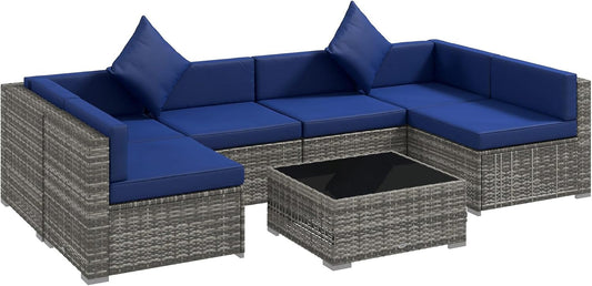 7-Piece Patio Furniture Set, Outdoor Wicker Conversation Set, All Weather PE Rattan Sectional Sofa Set with Cushions and Tempered Glass Top Coffee Table, Pillows, Blue-0