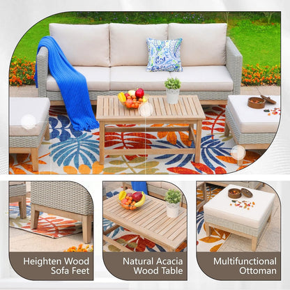 Outdoor Patio Furniture Sets, 5-Piece All-Weather Patio Conversation Set, High Back Wicker Rattan Setional Sofa with Large Single Sofa Chairs, Ottomans & Wooden Coffee Table (Beige)-4