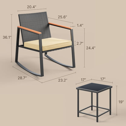 3 Pieces Rocking Patio Bistro Set with Anti-Scald Armrest, Outdoor Patio Wicker Furniture Set with Glass Table and Cushion for Garden, Yard, Porch-3