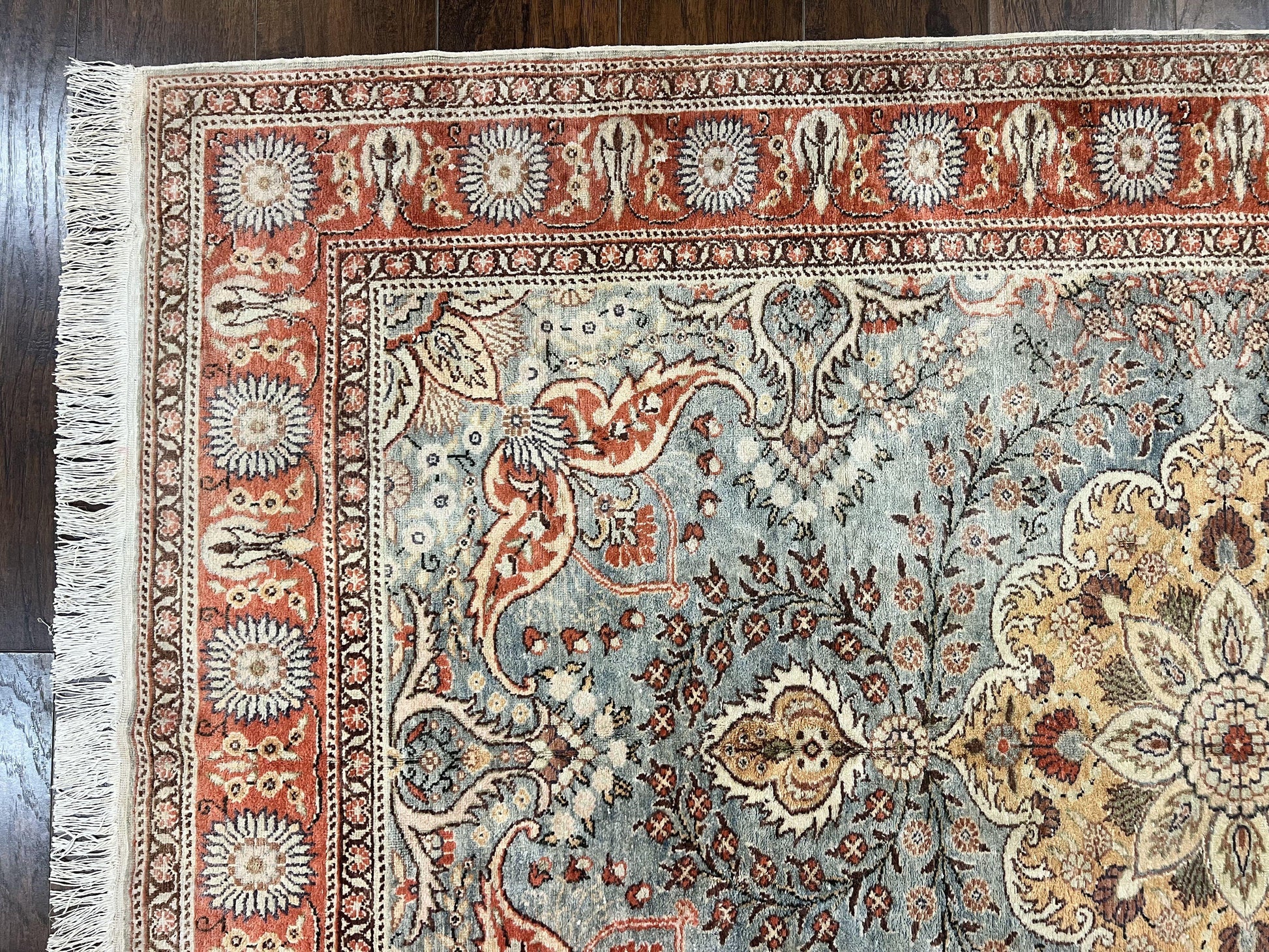 Silk Turkish Rug 5x7, Light Blue Silk Carpet, Floral Medallion, Turkish Kayseri Rug, Vintage Handmade Oriental Rug-4