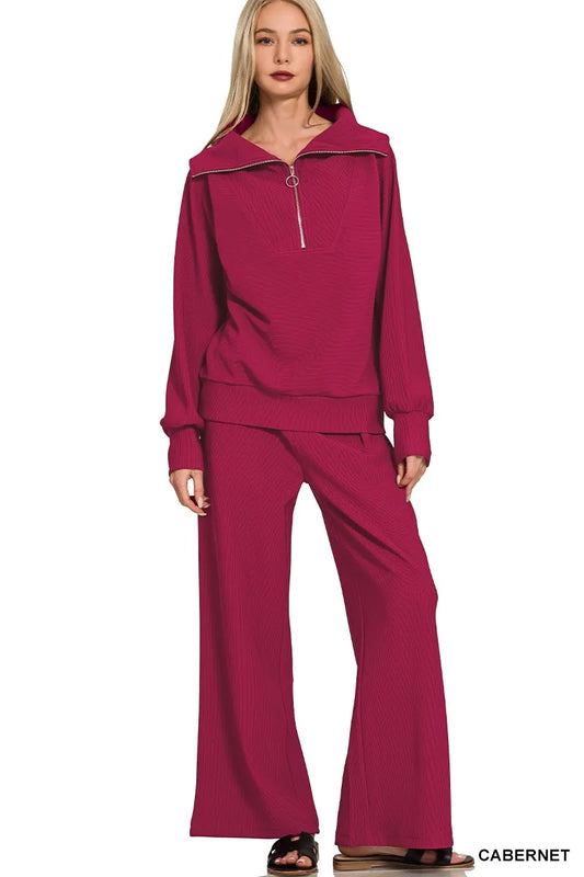 Zenana Ribbed High Neck Half Zip Pullover & Pants Set-0