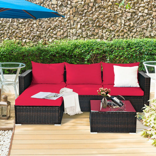 5 Pieces Patio Rattan Sectional Furniture Set with Cushions and Coffee Table-0