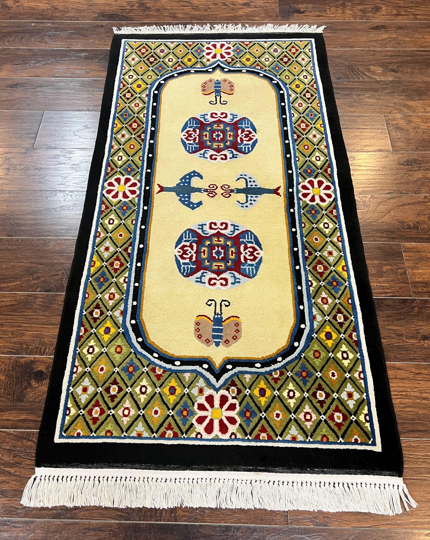 Chinese Rug 3x6 ft, Chinese Wool Rug, Tiensin Rug, Handmade Wool 3 x 6 Vintage Peking Rug, Art Deco Rug, Butterflies