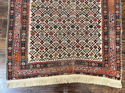 Antique Caucasian Rug 4x5, Hand Knotted Handmade Shirvan Oriental Carpet, Ivory Red Rug Allover Pattern, Rare Wool Rug, Tribal Geometric Rug