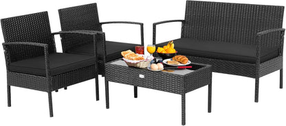 4 Piece Patio Rattan Conversation Set, Outdoor Wicker Furniture Set W/Glass Coffee Table, Solid Steel Structure, Ergonomic Seat, Suitable for Garden, Courtyard, Balcony, Poolside-0