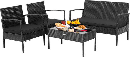 4 Piece Patio Rattan Conversation Set, Outdoor Wicker Furniture Set W/Glass Coffee Table, Solid Steel Structure, Ergonomic Seat, Suitable for Garden, Courtyard, Balcony, Poolside-0