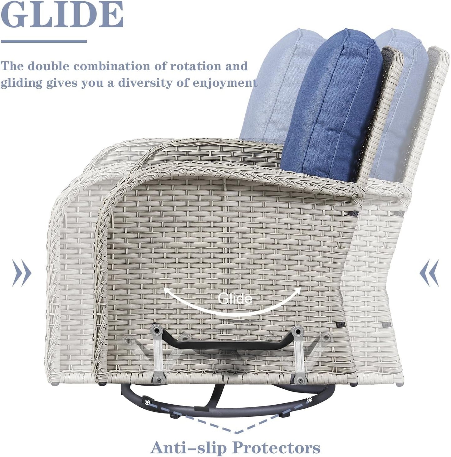 Patio Wicker Chairs Swivel Rocker - Outdoor Swivel Rocking Chairs Set of 2 with Rattan Side Table,3 Piece Patio Swivel Glider Chair Furniture Sets for Patio Porch Pool Light Beige/Blue-2