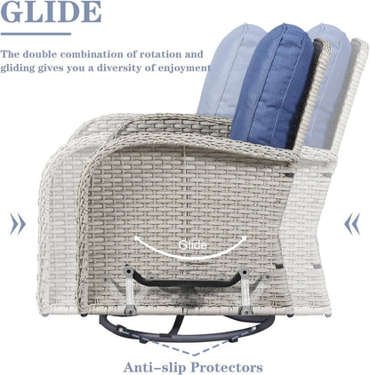 Patio Wicker Chairs Swivel Rocker - Outdoor Swivel Rocking Chairs Set of 2 with Rattan Side Table,3 Piece Patio Swivel Glider Chair Furniture Sets for Patio Porch Pool Light Beige/Blue-2