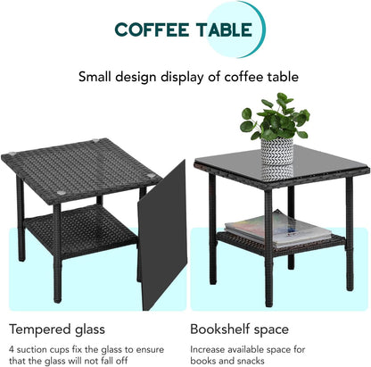 3 Piece Outdoor Furniture Set Patio Wicker Chairs Furniture Bistro Conversation Set 2 Rattan Chairs with Blue Cushions and Glass Coffee Table for Porch Lawn Garden Balcony Backyard