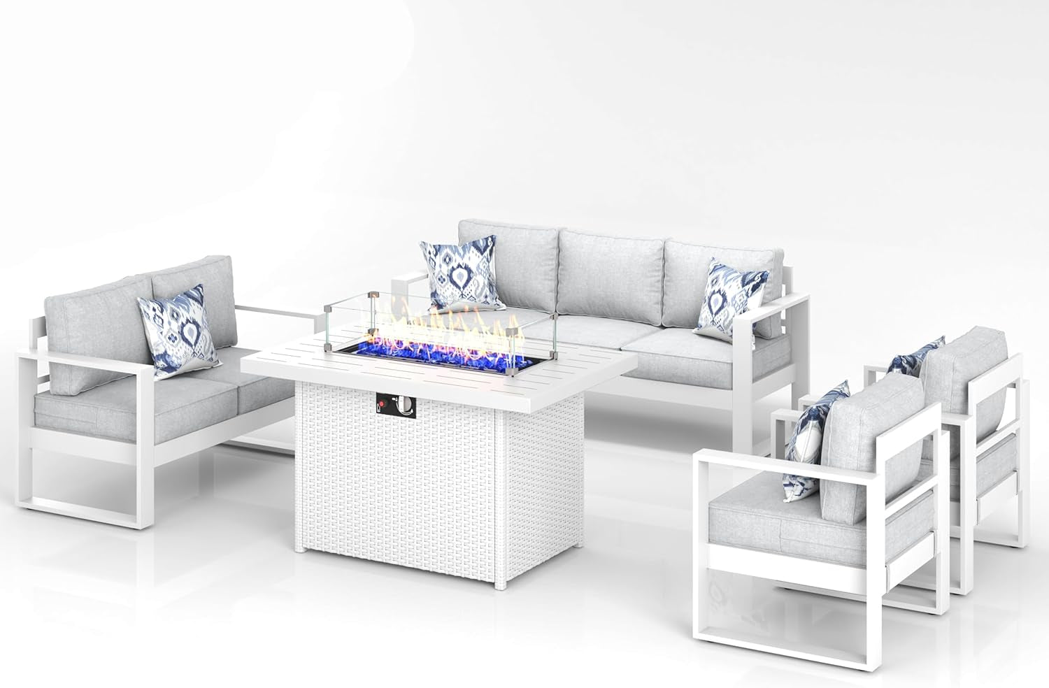 5 Piece Modern Aluminum Patio Furniture Set with Fire Pit Table, Outdoor Patio Sectional Conversation Metal Seating Sets with Olefin Cushion-1