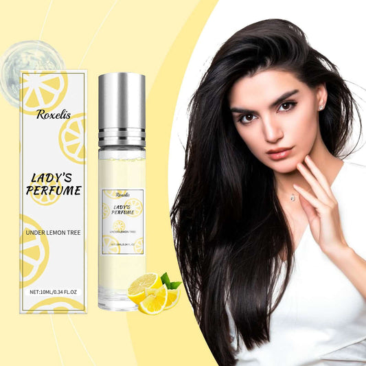 Lemon Yellow Perfume in elegant packaging with a woman, showcasing fresh citrus charm, 10ml under lemon tree.