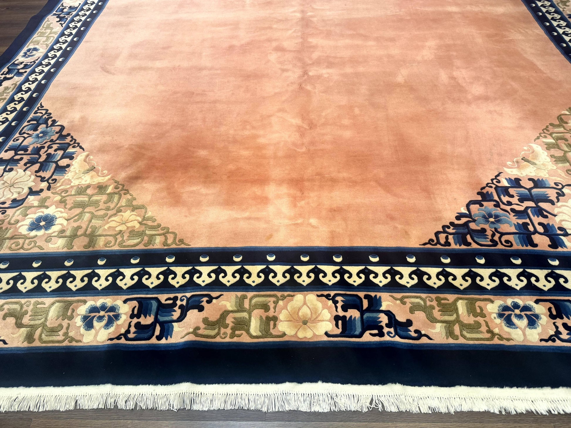 Chinese Wool Rug 11x18, Palace Sized Chinese Carpet, Peking Rug, Peach and Blue, Open Field, Simple Design, Art Deco Rug, Large Handmade Rug-4