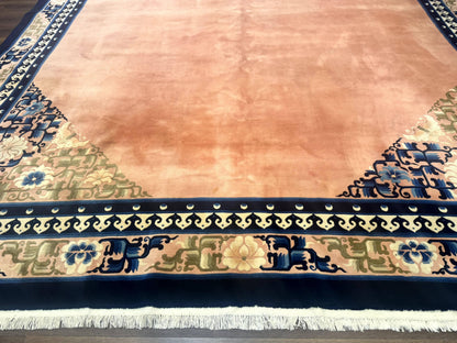 Chinese Wool Rug 11x18, Palace Sized Chinese Carpet, Peking Rug, Peach and Blue, Open Field, Simple Design, Art Deco Rug, Large Handmade Rug-4