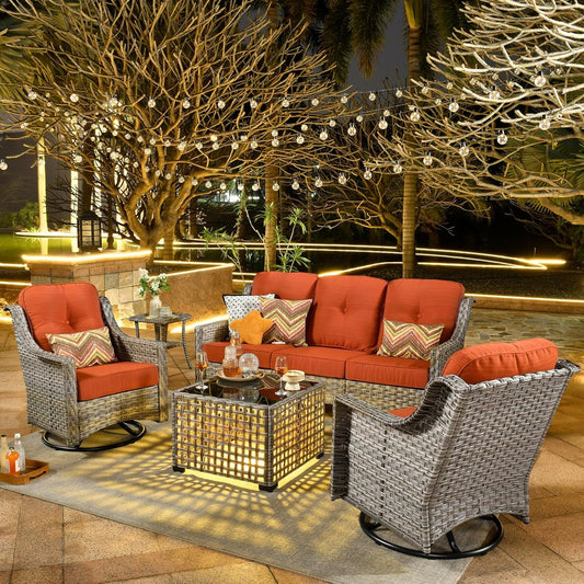 5 Piece Outdoor Patio Furniture with 3 Seat Sofa,Rattan Wicker Coversation Set with Swivel Rocking Chair,Balcony Sofa Set with Shiny Table for outside Porch Backyard Pool,Orange-0