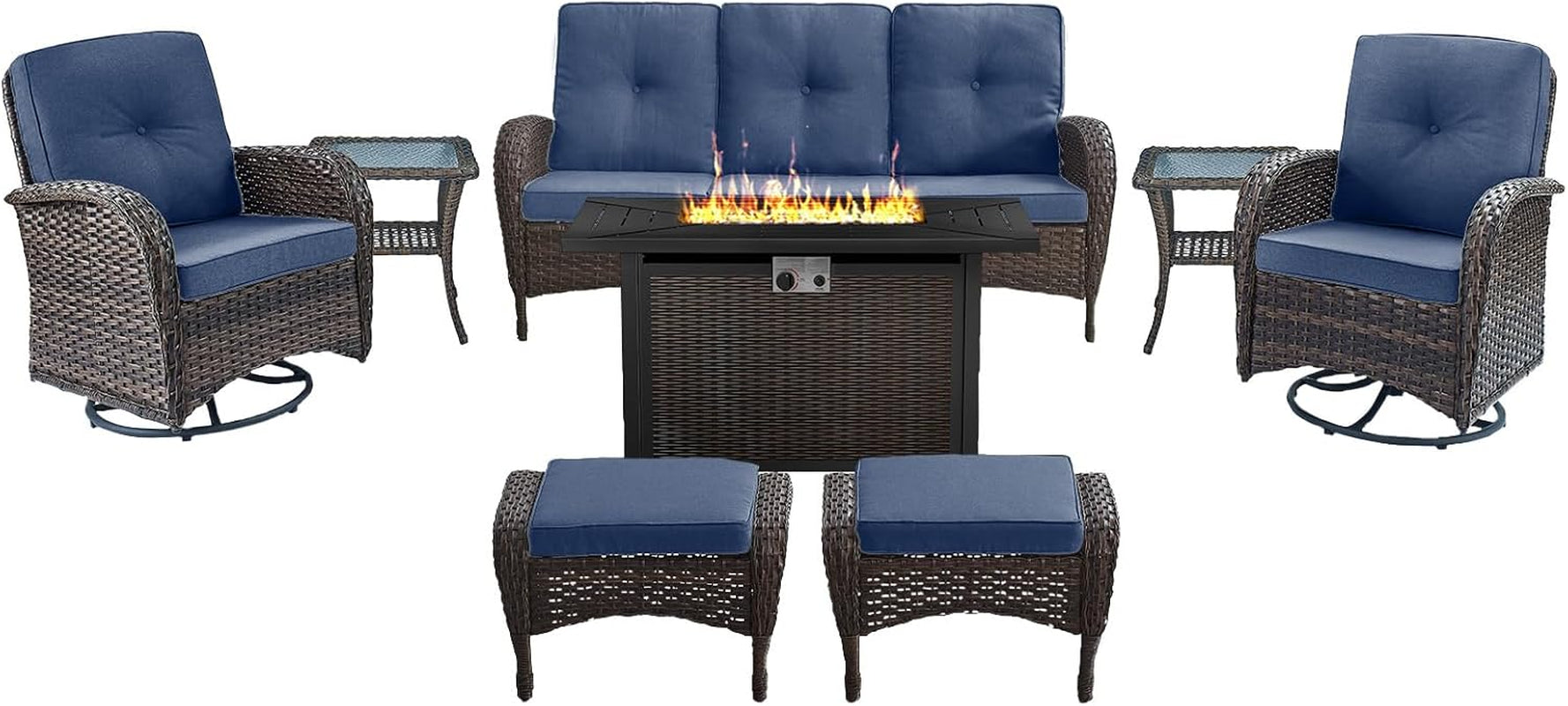 8 Piece Patio Furniture Set with 50000 BTU Propane Fire Pit Table, Outdoor Conversation Set with 2 Swivel Rocker Chairs Wicker Sofa and Ottomans for Casual Gatherings-0