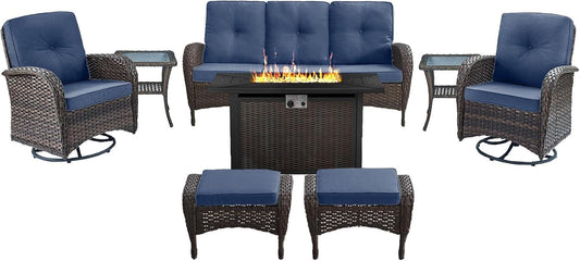 8 Piece Patio Furniture Set with 50000 BTU Propane Fire Pit Table, Outdoor Conversation Set with 2 Swivel Rocker Chairs Wicker Sofa and Ottomans for Casual Gatherings-0