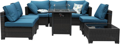 8-Piece Patio Set Furniture Rattan Wicker Outdoor Sectional Sofa with 28" Gas Fire Pit Set and Cushions, Conversation Set for Backyard, Patio, Garden, Brown/Peacock Blue-0