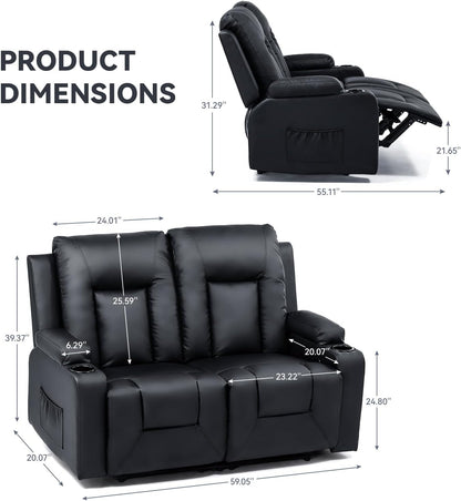 Living Room Furniture Set, Bonded Leather Loveseat Sofa with Cup Holder Recliner Chair, Black